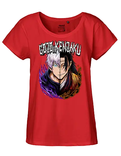 Gojo Kenjaku Two Faces One War JJK - Gojo Satoru, Kenjaku, Jujutsu, split face, two enemies, manga duality, anime fan gift, JJK arc art - Fairtrade Girl Shirt
