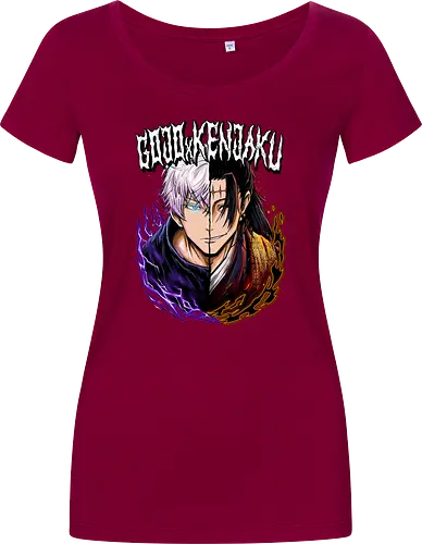 Gojo Kenjaku Two Faces One War JJK - Gojo Satoru, Kenjaku, Jujutsu, split face, two enemies, manga duality, anime fan gift, JJK arc art - Damen T-Shirt