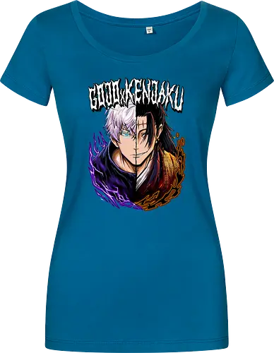 Gojo Kenjaku Two Faces One War JJK - Gojo Satoru, Kenjaku, Jujutsu, split face, two enemies, manga duality, anime fan gift, JJK arc art - Damen T-Shirt