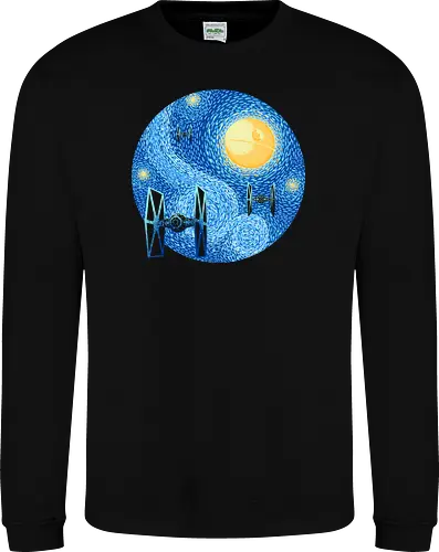 Starry Night Fighters Galactic Edition - starry night space art, famous painting parody, classical art mashup, cosmic night, space battle art, sci fi painting, starry sky art, post impressionist style, vintage space art, galaxy painting, cosmic art, spacecraft silhouette, space fighter, futuristic aircraft - Sweatshirt