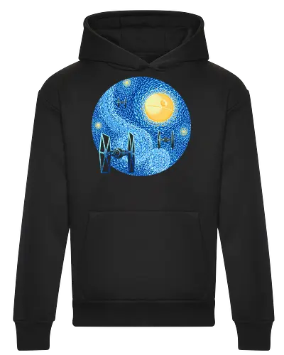 Starry Night Fighters Galactic Edition - starry night space art, famous painting parody, classical art mashup, cosmic night, space battle art, sci fi painting, starry sky art, post impressionist style, vintage space art, galaxy painting, cosmic art, spacecraft silhouette, space fighter, futuristic aircraft - Heavyweight Hoodie