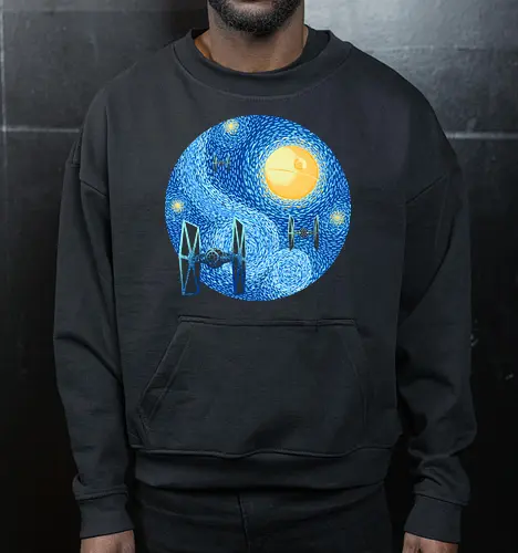 Starry Night Fighters Galactic Edition - starry night space art, famous painting parody, classical art mashup, cosmic night, space battle art, sci fi painting, starry sky art, post impressionist style, vintage space art, galaxy painting, cosmic art, spacecraft silhouette, space fighter, futuristic aircraft - Cropped Sweatshirt