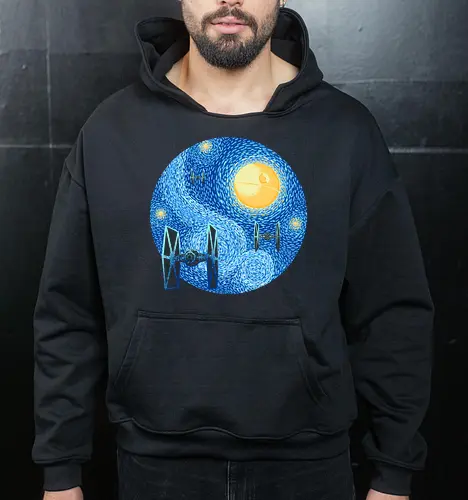 Starry Night Fighters Galactic Edition - starry night space art, famous painting parody, classical art mashup, cosmic night, space battle art, sci fi painting, starry sky art, post impressionist style, vintage space art, galaxy painting, cosmic art, spacecraft silhouette, space fighter, futuristic aircraft - Cropped Hoodie