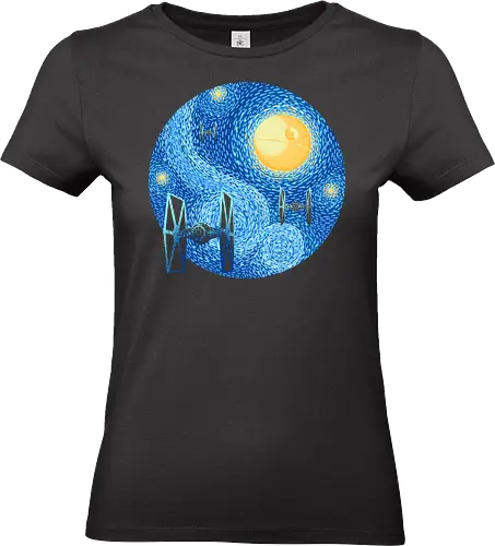 Starry Night Fighters Galactic Edition - starry night space art, famous painting parody, classical art mashup, cosmic night, space battle art, sci fi painting, starry sky art, post impressionist style, vintage space art, galaxy painting, cosmic art, spacecraft silhouette, space fighter, futuristic aircraft - Standard T-Shirt (Frauen)