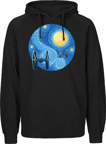 Starry Night Fighters Galactic Edition - starry night space art, famous painting parody, classical art mashup, cosmic night, space battle art, sci fi painting, starry sky art, post impressionist style, vintage space art, galaxy painting, cosmic art, spacecraft silhouette, space fighter, futuristic aircraft - Fairtrade Hoodie