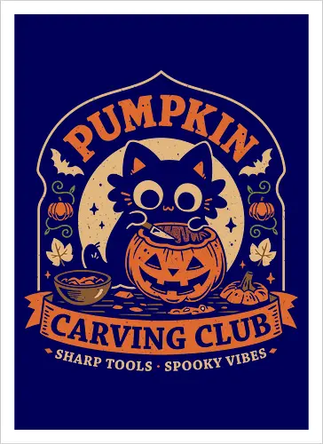 Pumpkin Carving Club - Black Cat - black cat, pumpkin, halloween, carving, jack o lantern, spooky season, october, autumn, fall, kittens, trick or treat, crafting, vintage - Kunstdruck