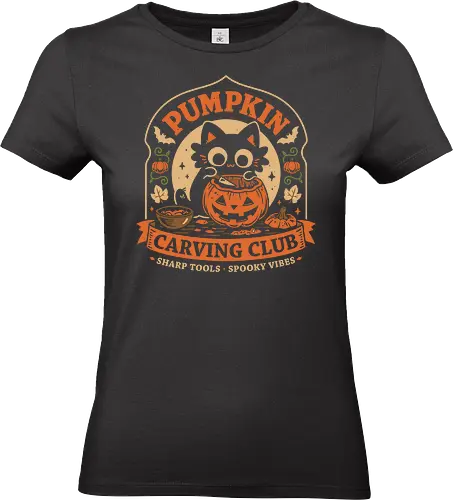 Pumpkin Carving Club - Black Cat - black cat, pumpkin, halloween, carving, jack o lantern, spooky season, october, autumn, fall, kittens, trick or treat, crafting, vintage - Standard T-Shirt (Frauen)