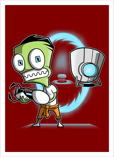Neugieriger Außerirdischer trifft Wächterroboter mit Cupcake - grüner Außerirdischer, Wächterroboter, mystisches Portal, futuristische Waffe, geschützturm, verdächtiges Cupcake, Sci-Fi-Humor, Kult-Animation, geheimes Labor, Invasor Zim, Zim, Gateway, Aperture Science, GLaDOS, the cake is a lie, portal gun, Portal-Kanone, Cupcake, Geek-Mashup, Nerd-Crossover, Invader Zim, komische Invasion, robotischer Turm, blaues Neonlicht, Portalenergie, Wissenschaftstest, grüne Figur, Wachdroide - Kunstdruck