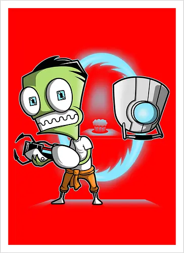 Neugieriger Außerirdischer trifft Wächterroboter mit Cupcake - grüner Außerirdischer, Wächterroboter, mystisches Portal, futuristische Waffe, geschützturm, verdächtiges Cupcake, Sci-Fi-Humor, Kult-Animation, geheimes Labor, Invasor Zim, Zim, Gateway, Aperture Science, GLaDOS, the cake is a lie, portal gun, Portal-Kanone, Cupcake, Geek-Mashup, Nerd-Crossover, Invader Zim, komische Invasion, robotischer Turm, blaues Neonlicht, Portalenergie, Wissenschaftstest, grüne Figur, Wachdroide - Kunstdruck