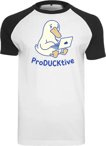 ProDUCKtive: The Stressed Worker - proDUCKtive pun graphic, relatable work apparel, tired student clothing, WFH aesthetic streetwear, cute animal meme tee, minimalist laptop duck design, funny duck shirt, office humor fashion, stressed out merch, funny programmer shirt - Raglan T-Shirt