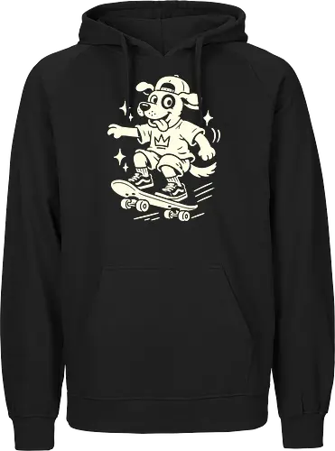 Skater Pup: The Retro Kickflip - skater dog shirt, retro cartoon graphic tee, vintage skateboard apparel, 90s skate culture clothing, rubber hose animation design, minimalist black and white fashion, funny animal skate tee, nostalgic cartoon character, aesthetic indie streetwear, cool puppy merch - Fairtrade Hoodie