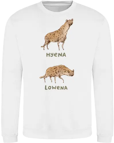 Zwei Hyänen Gegensätzliche Haltungen Groß Klein Wortspiel - Wildtier Humor, intelligenter Tier Humor, zwei Hyänen gegensätzliche Haltungen, große stolze Hyäne, flache niedrige Hyäne, tierisches Wortspiel, künstlerische Hyäne Illustration, handgefertigte Tier Skizze, goldene gefleckte Hyäne, olivgrüne Typografie, Tier Humor Druck, Hyäne Liebhaber Geschenk, Tier Wortspiel Shirt, afrikanische Savanne Hyäne, vergleichende Tier Kunst - Sweatshirt