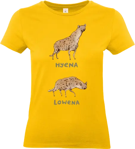 Zwei Hyänen Gegensätzliche Haltungen Groß Klein Wortspiel - Wildtier Humor, intelligenter Tier Humor, zwei Hyänen gegensätzliche Haltungen, große stolze Hyäne, flache niedrige Hyäne, tierisches Wortspiel, künstlerische Hyäne Illustration, handgefertigte Tier Skizze, goldene gefleckte Hyäne, olivgrüne Typografie, Tier Humor Druck, Hyäne Liebhaber Geschenk, Tier Wortspiel Shirt, afrikanische Savanne Hyäne, vergleichende Tier Kunst - Standard T-Shirt (Frauen)
