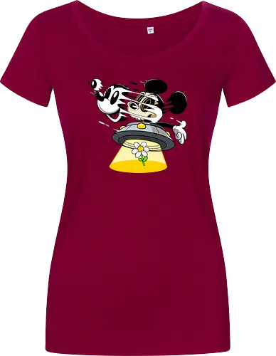 Freaky Alien Maus in UFO - Cartoon Horror Sci-Fi Art - freaky Alien Maus Art, Cartoon Horror Sci-Fi Shirt, Maus UFO dunkles Shirt, Horror Cartoon fliegende Untertasse, Skelett Maus Sci-Fi Art, dunkles rotes Pop Art, alternativer freaky Maus UFO, verrückte Cartoon Sci-Fi Mode, Maus Entführung Blume Art, Underground dunkles Geek Sci-Fi, Horror Nostalgie Cartoon, Punk Maus UFO Cartoon, alternative Sci-Fi Shirt, dunkle Retro Maus Art, chaotischer roter Cartoon Sci-Fi - Damen T-Shirt