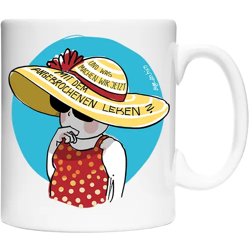 Angebrochenes Leben - ringelpullisprüche, Ringeldinger, streifenweise, Spruch, Weisheit, Motivation, Ringelpulli, deutsch, SprücheShirt, Cartoon Illustration, Statement, Handgezeichnet, Humor, Selbstironie, Streifenpulli, Spruchshirt - Keramiktasse
