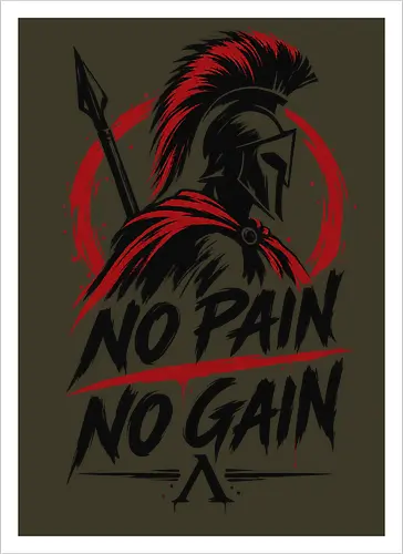 Spartan Discipline – No Pain No Gain - martial arts, fighter, ancient warrior, greek warrior, helmet, spartan, spartaner, no pain no gain, warrior, warrior spirit, discipline, strength, motivation, gym, fitness, bodybuilding, workout, training, spear, battle, courage, power, mindset, determination, toughness, streetwear, gym shirt, fitness shirt, motivational shirt, distressed design, red black, hand drawn, warrior aesthetic - Kunstdruck