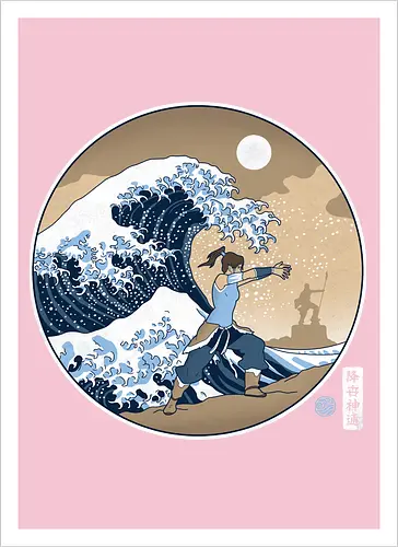 Kriegerin Beherrscht Riesenwelle Unter Vollmond - Ahnenstatue, raue See, Silhouette im Hintergrund, erdige Töne, orientalische Illustration, Naturgewalt, entschlossene Kriegerin, spirituelles Erbe, Wasserkriegerin, riesige Welle, klassische japanische Kunst, Vollmond, Ukiyo-e-Stil, elementare Kraft, Wasserkontrolle - Kunstdruck