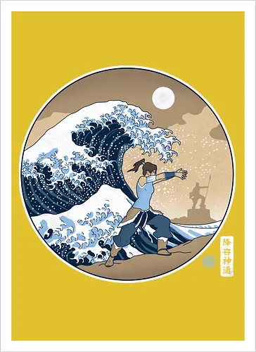 Kriegerin Beherrscht Riesenwelle Unter Vollmond - Ahnenstatue, raue See, Silhouette im Hintergrund, erdige Töne, orientalische Illustration, Naturgewalt, entschlossene Kriegerin, spirituelles Erbe, Wasserkriegerin, riesige Welle, klassische japanische Kunst, Vollmond, Ukiyo-e-Stil, elementare Kraft, Wasserkontrolle - Kunstdruck