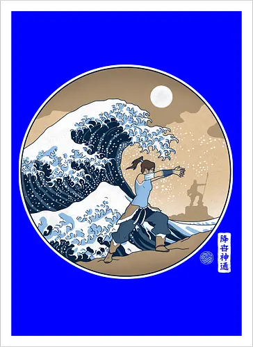 Kriegerin Beherrscht Riesenwelle Unter Vollmond - Ahnenstatue, raue See, Silhouette im Hintergrund, erdige Töne, orientalische Illustration, Naturgewalt, entschlossene Kriegerin, spirituelles Erbe, Wasserkriegerin, riesige Welle, klassische japanische Kunst, Vollmond, Ukiyo-e-Stil, elementare Kraft, Wasserkontrolle - Kunstdruck