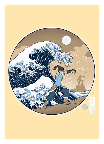 Kriegerin Beherrscht Riesenwelle Unter Vollmond - Ahnenstatue, raue See, Silhouette im Hintergrund, erdige Töne, orientalische Illustration, Naturgewalt, entschlossene Kriegerin, spirituelles Erbe, Wasserkriegerin, riesige Welle, klassische japanische Kunst, Vollmond, Ukiyo-e-Stil, elementare Kraft, Wasserkontrolle - Kunstdruck