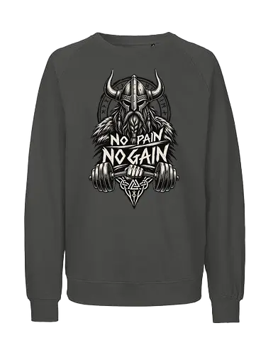 Viking Iron – No Pain No Gain - viking, vikings, viking warrior, hand drawn, ink drawing, distressed, black and white, fitness shirt, gym shirt, workout shirt, streetwear, motivational shirt, norse, nordic, norse warrior, viking fitness, viking gym, no pain no gain, warrior spirit, strength, discipline, motivation, gym, fitness, bodybuilding, weightlifting, workout, training, barbell, dumbbell, power, muscle, determination, toughness, warrior mindset, nordic design, scandinavian, norse mythology, helmet, beard, runes - Fairtrade Sweatshirt
