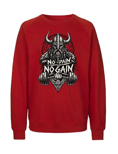 Viking Iron – No Pain No Gain - viking, vikings, viking warrior, hand drawn, ink drawing, distressed, black and white, fitness shirt, gym shirt, workout shirt, streetwear, motivational shirt, norse, nordic, norse warrior, viking fitness, viking gym, no pain no gain, warrior spirit, strength, discipline, motivation, gym, fitness, bodybuilding, weightlifting, workout, training, barbell, dumbbell, power, muscle, determination, toughness, warrior mindset, nordic design, scandinavian, norse mythology, helmet, beard, runes - Fairtrade Sweatshirt