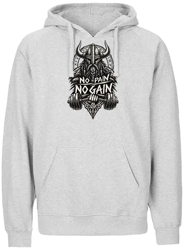 Viking Iron – No Pain No Gain - viking, vikings, viking warrior, hand drawn, ink drawing, distressed, black and white, fitness shirt, gym shirt, workout shirt, streetwear, motivational shirt, norse, nordic, norse warrior, viking fitness, viking gym, no pain no gain, warrior spirit, strength, discipline, motivation, gym, fitness, bodybuilding, weightlifting, workout, training, barbell, dumbbell, power, muscle, determination, toughness, warrior mindset, nordic design, scandinavian, norse mythology, helmet, beard, runes - Fairtrade Hoodie