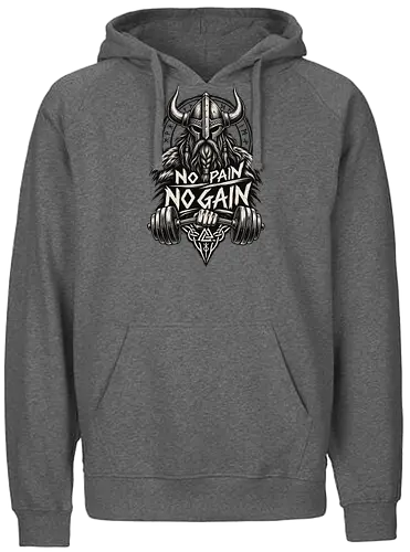Viking Iron – No Pain No Gain - viking, vikings, viking warrior, hand drawn, ink drawing, distressed, black and white, fitness shirt, gym shirt, workout shirt, streetwear, motivational shirt, norse, nordic, norse warrior, viking fitness, viking gym, no pain no gain, warrior spirit, strength, discipline, motivation, gym, fitness, bodybuilding, weightlifting, workout, training, barbell, dumbbell, power, muscle, determination, toughness, warrior mindset, nordic design, scandinavian, norse mythology, helmet, beard, runes - Fairtrade Hoodie
