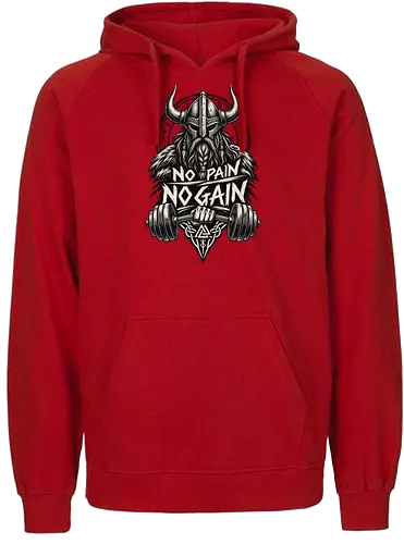 Viking Iron – No Pain No Gain - viking, vikings, viking warrior, hand drawn, ink drawing, distressed, black and white, fitness shirt, gym shirt, workout shirt, streetwear, motivational shirt, norse, nordic, norse warrior, viking fitness, viking gym, no pain no gain, warrior spirit, strength, discipline, motivation, gym, fitness, bodybuilding, weightlifting, workout, training, barbell, dumbbell, power, muscle, determination, toughness, warrior mindset, nordic design, scandinavian, norse mythology, helmet, beard, runes - Fairtrade Hoodie