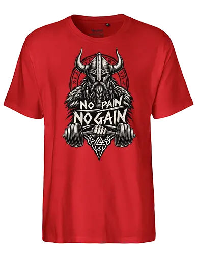 Viking Iron – No Pain No Gain - viking, vikings, viking warrior, hand drawn, ink drawing, distressed, black and white, fitness shirt, gym shirt, workout shirt, streetwear, motivational shirt, norse, nordic, norse warrior, viking fitness, viking gym, no pain no gain, warrior spirit, strength, discipline, motivation, gym, fitness, bodybuilding, weightlifting, workout, training, barbell, dumbbell, power, muscle, determination, toughness, warrior mindset, nordic design, scandinavian, norse mythology, helmet, beard, runes - Fairtrade T-Shirt