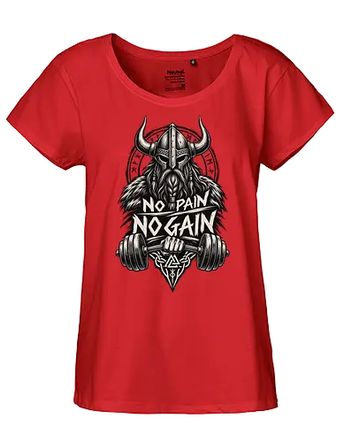Viking Iron – No Pain No Gain - viking, vikings, viking warrior, hand drawn, ink drawing, distressed, black and white, fitness shirt, gym shirt, workout shirt, streetwear, motivational shirt, norse, nordic, norse warrior, viking fitness, viking gym, no pain no gain, warrior spirit, strength, discipline, motivation, gym, fitness, bodybuilding, weightlifting, workout, training, barbell, dumbbell, power, muscle, determination, toughness, warrior mindset, nordic design, scandinavian, norse mythology, helmet, beard, runes - Fairtrade Girl Shirt