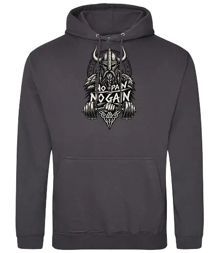 Viking Iron – No Pain No Gain - viking, vikings, viking warrior, hand drawn, ink drawing, distressed, black and white, fitness shirt, gym shirt, workout shirt, streetwear, motivational shirt, norse, nordic, norse warrior, viking fitness, viking gym, no pain no gain, warrior spirit, strength, discipline, motivation, gym, fitness, bodybuilding, weightlifting, workout, training, barbell, dumbbell, power, muscle, determination, toughness, warrior mindset, nordic design, scandinavian, norse mythology, helmet, beard, runes - Standard Hoodie
