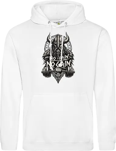 Viking Iron – No Pain No Gain - viking, vikings, viking warrior, hand drawn, ink drawing, distressed, black and white, fitness shirt, gym shirt, workout shirt, streetwear, motivational shirt, norse, nordic, norse warrior, viking fitness, viking gym, no pain no gain, warrior spirit, strength, discipline, motivation, gym, fitness, bodybuilding, weightlifting, workout, training, barbell, dumbbell, power, muscle, determination, toughness, warrior mindset, nordic design, scandinavian, norse mythology, helmet, beard, runes - Standard Hoodie