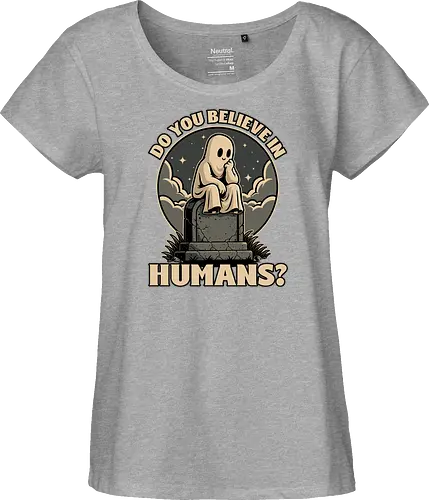 Ghost Believe in Humans - Graveyard, Tombstones, Tombstone, Ghost, I Believe, Believe, Humans, Human, Humanity, Creepy, Scary, Creepy Cute, Scary Cute, Spooky Season, Spooky, Spooky Cute, Spooky Art, Spooky Halloween, Spooky Cartoon, Halloween Vibes, Halloween, Halloween Season Art, Fun, Funny, Cute, Creature - Fairtrade Girl Shirt