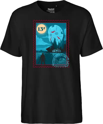 Slasher Express - scary, slasher, stamp, summer, vintage, horror, 80s, camp, camping, halloween, horror movie, lake, nostalgia, outdoors, retro - Fairtrade T-Shirt