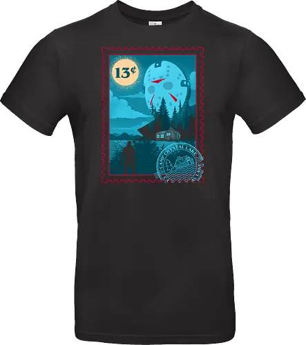 Slasher Express - scary, slasher, stamp, summer, vintage, horror, 80s, camp, camping, halloween, horror movie, lake, nostalgia, outdoors, retro - Standard T-Shirt
