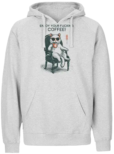 Enjoy Your Fucking Coffee! - caffeine, cat, coffee, funny, sarcastic, vintage, retro, japanese, adult humor, coffee lover, swear word, sunglasses, quote, mood, cool - Fairtrade Hoodie