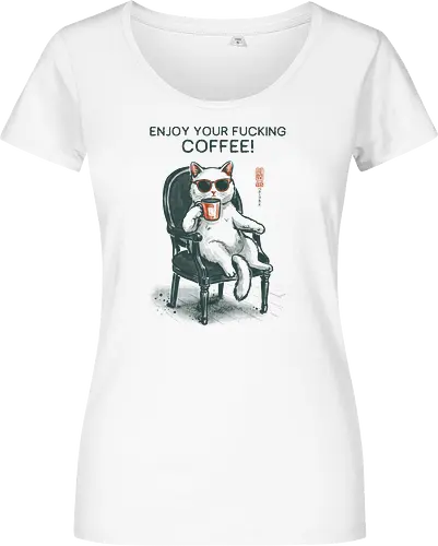 Enjoy Your Fucking Coffee! - caffeine, cat, coffee, funny, sarcastic, vintage, retro, japanese, adult humor, coffee lover, swear word, sunglasses, quote, mood, cool - Damen T-Shirt