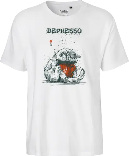 Depresso - cat, espresso, depresso, coffee, funny, vintage, retro, japanese, dark humor, coffee lover, mood, caffeine, sad cat, monday, quote, sarcastic - Fairtrade T-Shirt