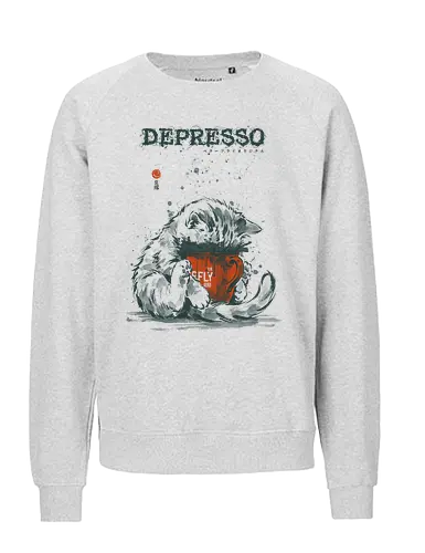 Depresso - cat, espresso, depresso, coffee, funny, vintage, retro, japanese, dark humor, coffee lover, mood, caffeine, sad cat, monday, quote, sarcastic - Fairtrade Sweatshirt