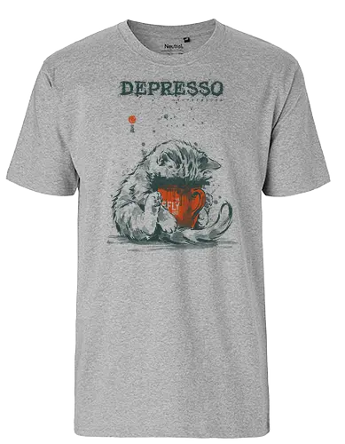 Depresso - cat, espresso, depresso, coffee, funny, vintage, retro, japanese, dark humor, coffee lover, mood, caffeine, sad cat, monday, quote, sarcastic - Fairtrade T-Shirt