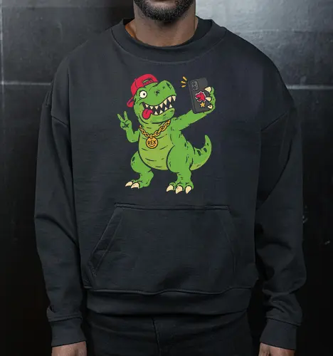 T-Rex Selfie: The Swag Saurus - quirky pop culture shirt, short arms joke merch, funny dinosaur shirt, t-rex selfie graphic tee, hypebeast animal apparel, retro 90s streetwear, cool dino clothing, meme graphic fashion, distressed vintage tee, skater dinosaur design - Cropped Sweatshirt