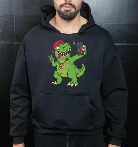 T-Rex Selfie: The Swag Saurus - quirky pop culture shirt, short arms joke merch, funny dinosaur shirt, t-rex selfie graphic tee, hypebeast animal apparel, retro 90s streetwear, cool dino clothing, meme graphic fashion, distressed vintage tee, skater dinosaur design - Cropped Hoodie