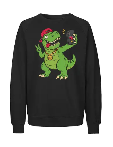 T-Rex Selfie: The Swag Saurus - quirky pop culture shirt, short arms joke merch, funny dinosaur shirt, t-rex selfie graphic tee, hypebeast animal apparel, retro 90s streetwear, cool dino clothing, meme graphic fashion, distressed vintage tee, skater dinosaur design - Fairtrade Sweatshirt