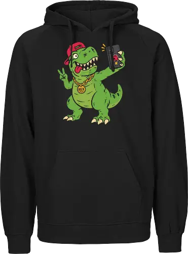 T-Rex Selfie: The Swag Saurus - quirky pop culture shirt, short arms joke merch, funny dinosaur shirt, t-rex selfie graphic tee, hypebeast animal apparel, retro 90s streetwear, cool dino clothing, meme graphic fashion, distressed vintage tee, skater dinosaur design - Fairtrade Hoodie