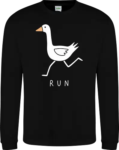 Chaotic Goose: RUN! - simple bird illustration, aesthetic meme design, funny goose shirt, minimalist animal graphic, internet meme apparel, running goose tee, chaotic energy streetwear, quirky graphic t-shirt, gamer meme clothing, ironic humor fashion - Sweatshirt