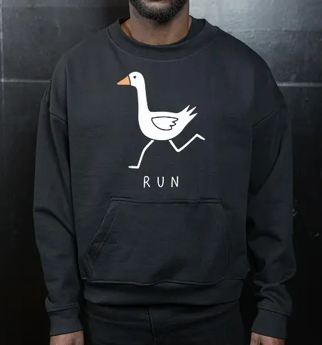 Chaotic Goose: RUN! - simple bird illustration, aesthetic meme design, funny goose shirt, minimalist animal graphic, internet meme apparel, running goose tee, chaotic energy streetwear, quirky graphic t-shirt, gamer meme clothing, ironic humor fashion - Cropped Sweatshirt
