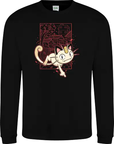 Coin Cat Run: The Midnight Stroll - Meowth shirt, retro Japanese streetwear, anime cat graphic tee, pocket monster apparel, lo-fi city pop design, 90s gaming nostalgia, Japanese suburb aesthetic, cherry blossom anime clothing, minimalist otaku fashion, vintage manga style tee - Sweatshirt