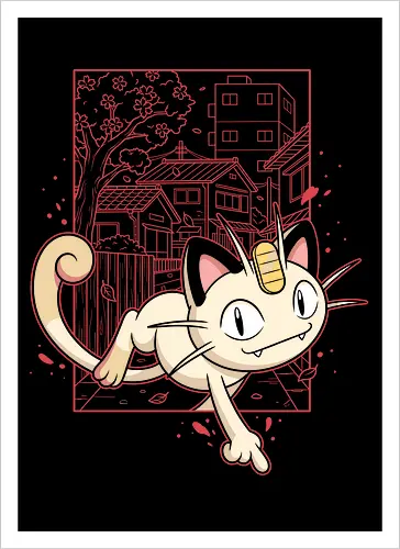 Coin Cat Run: The Midnight Stroll - Meowth shirt, retro Japanese streetwear, anime cat graphic tee, pocket monster apparel, lo-fi city pop design, 90s gaming nostalgia, Japanese suburb aesthetic, cherry blossom anime clothing, minimalist otaku fashion, vintage manga style tee - Kunstdruck