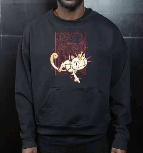 Coin Cat Run: The Midnight Stroll - Meowth shirt, retro Japanese streetwear, anime cat graphic tee, pocket monster apparel, lo-fi city pop design, 90s gaming nostalgia, Japanese suburb aesthetic, cherry blossom anime clothing, minimalist otaku fashion, vintage manga style tee - Cropped Sweatshirt